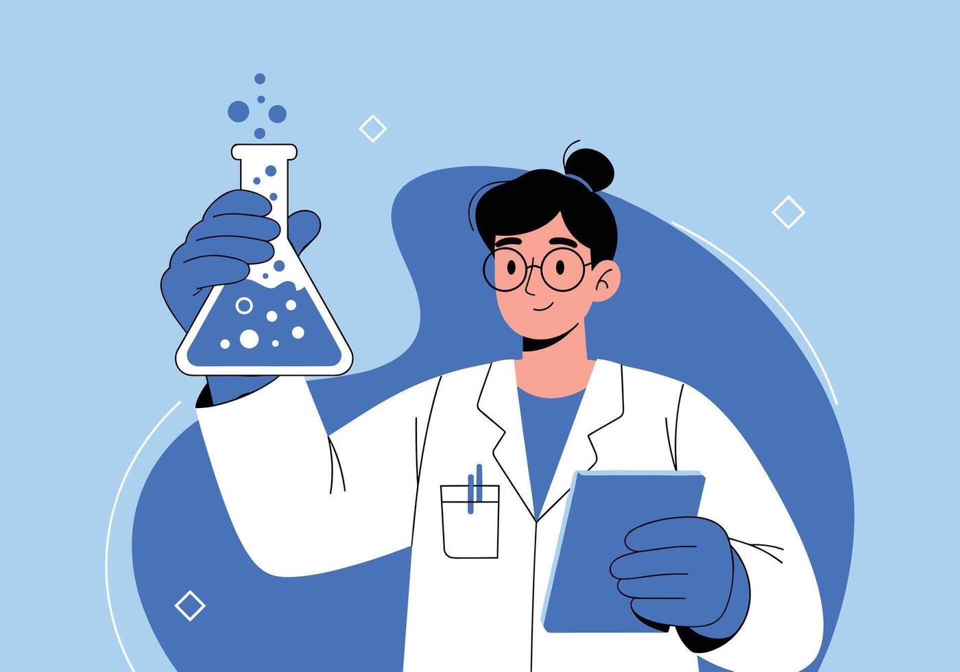 A cheerful scientist in a lab coat holds a flask with bubbling blue liquid while looking at a digital tablet, representing scientific research and innovation. vector