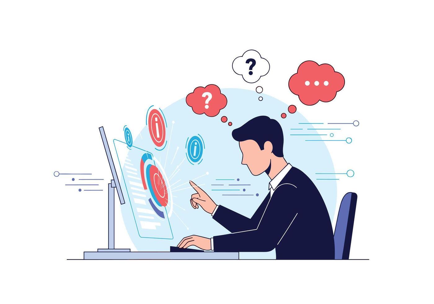 A focused professional analyzes data on a computer, surrounded by thought bubbles representing questions and insights, illustrating problem solving and research. vector
