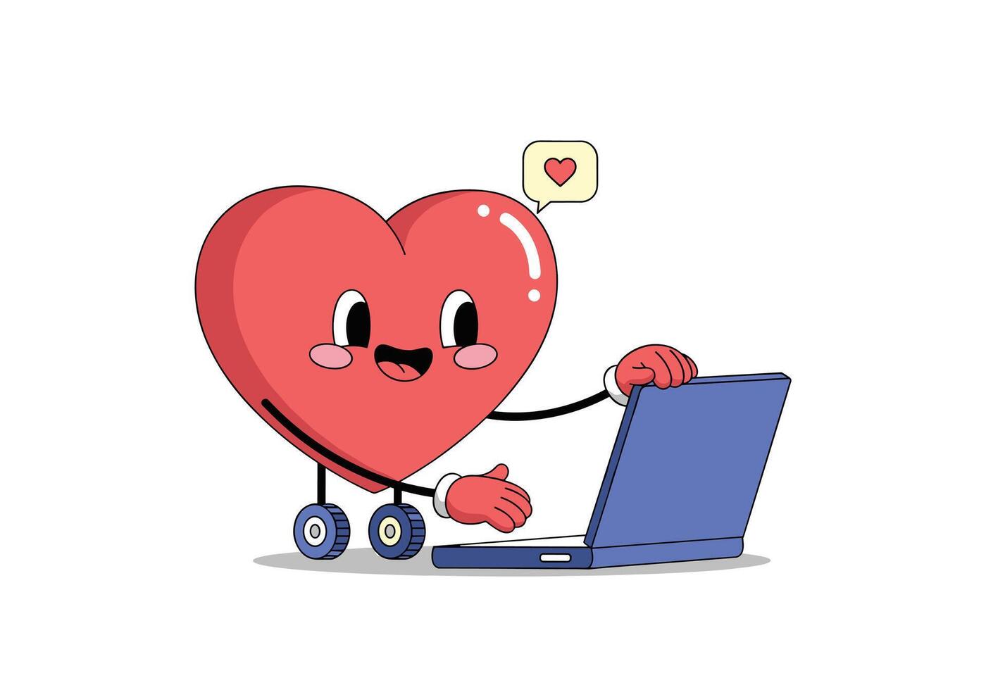 A cheerful cartoon heart character with wheels is happily using a laptop computer, radiating love and digital connection. vector