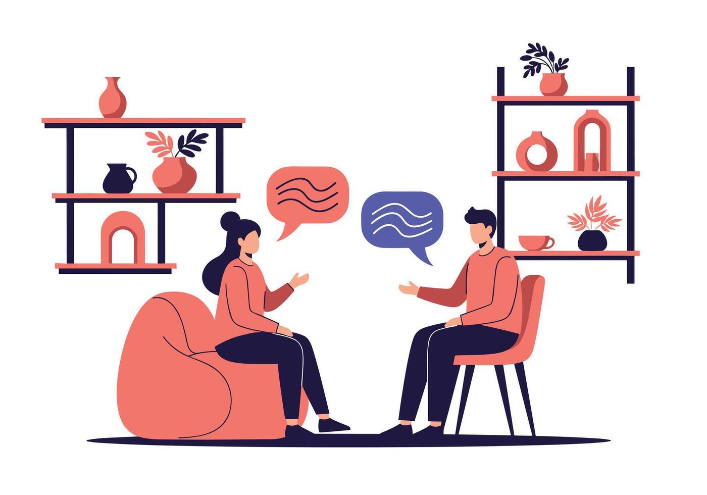 Two people are having a conversation in a cozy, modern living room setting, discussing ideas and engaging in thoughtful dialogue with each other. vector