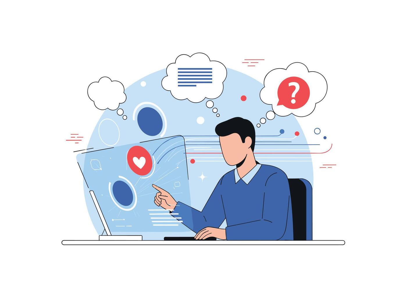 A man contemplates social media engagement while using a laptop, pondering likes, comments, and the complexities of online interaction. vector