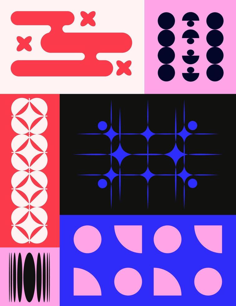 Abstract geometric poster with bold shapes. Modern design featuring circles, lines, and patterns. Perfect for backgrounds, poster, and digital design. vector