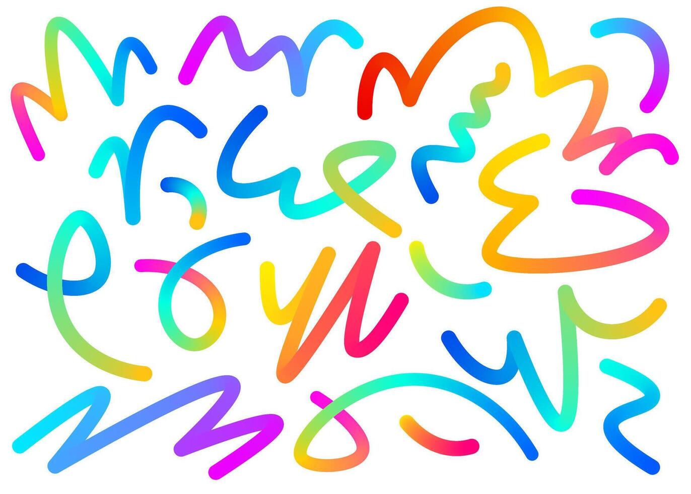 Abstract colorful gradient line shapes forming dynamic wavy ribbons. A set of rainbow squiggle graffiti lines with smooth flowing curves. Modern vibrant decorative elements for design vector