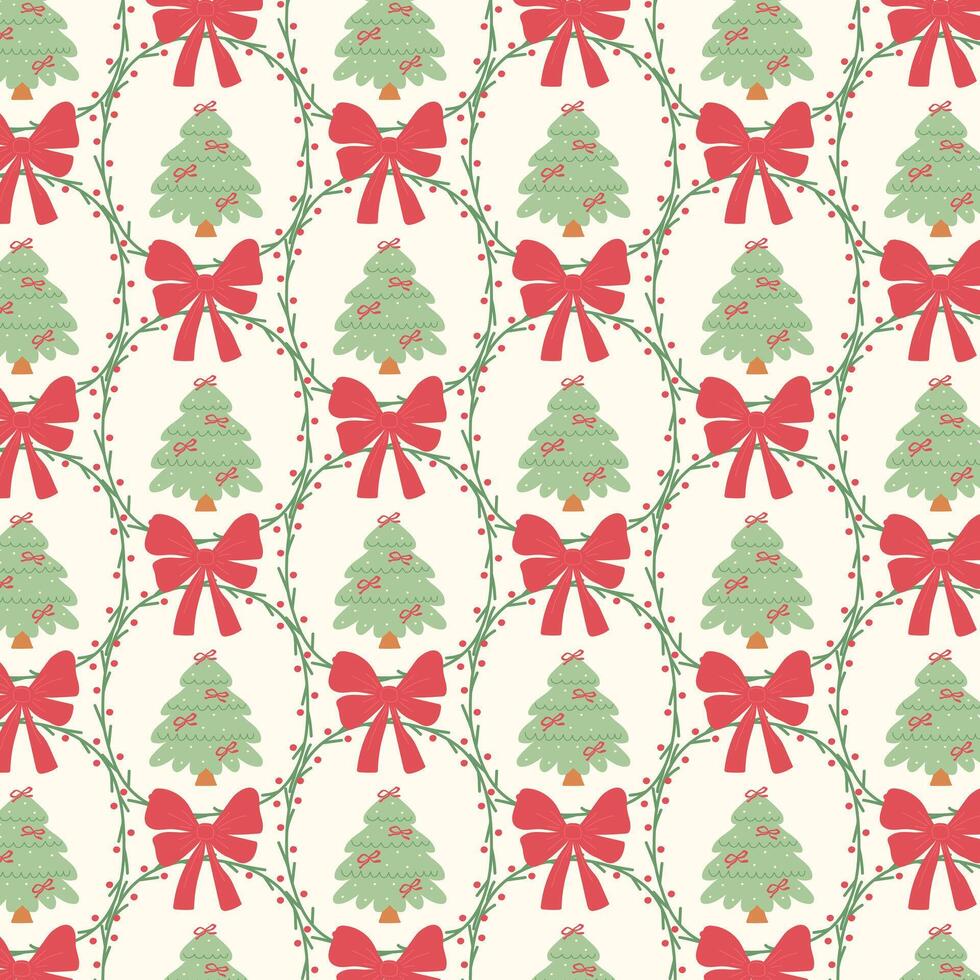 Pattern with a Christmas tree, red bow, branches, and berries. Festive background for wrapping paper or fabric. vector