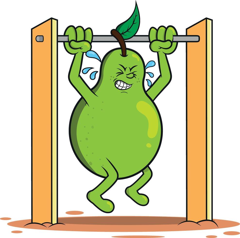 Determined Pear Character Doing Pull-Up with Sweaty Effort in Cartoon Style vector