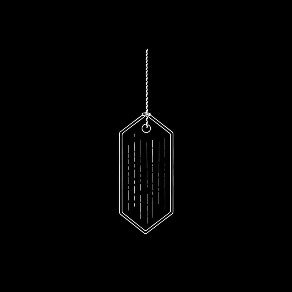 A minimalist, hand-drawn tag with vertical lines, suspended by a string against a stark black background, symbolizing product identification and retail presentation vector