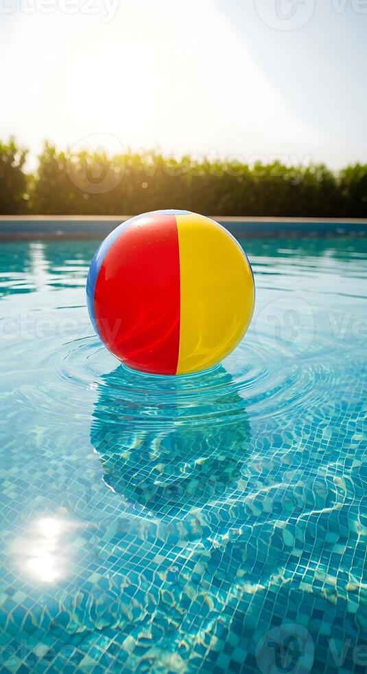 A colorful beach ball floating in a swimming pool on a sunny day with trees in the background photo
