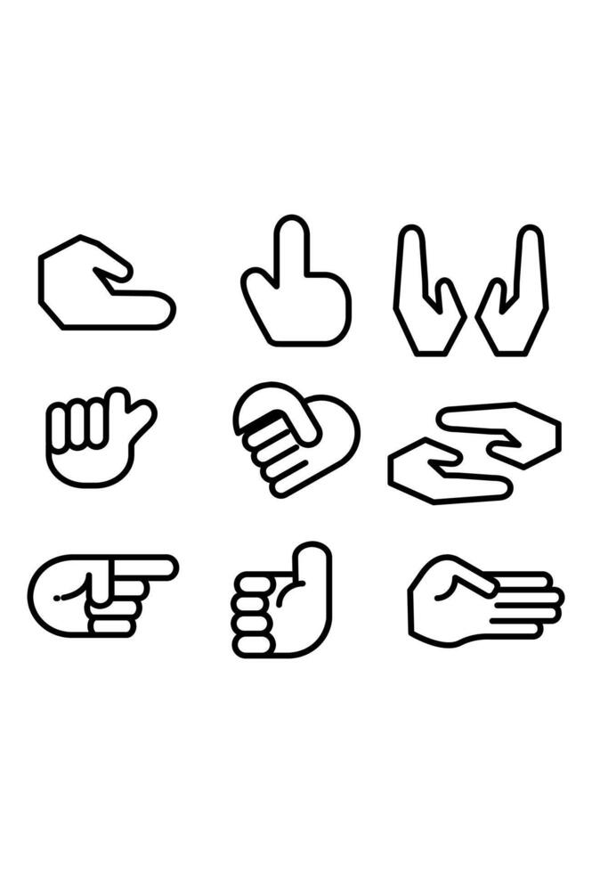 Set of nine outline hand gesture icons. Line art collection of human hands symbols. Simple hand signs for interface design. vector