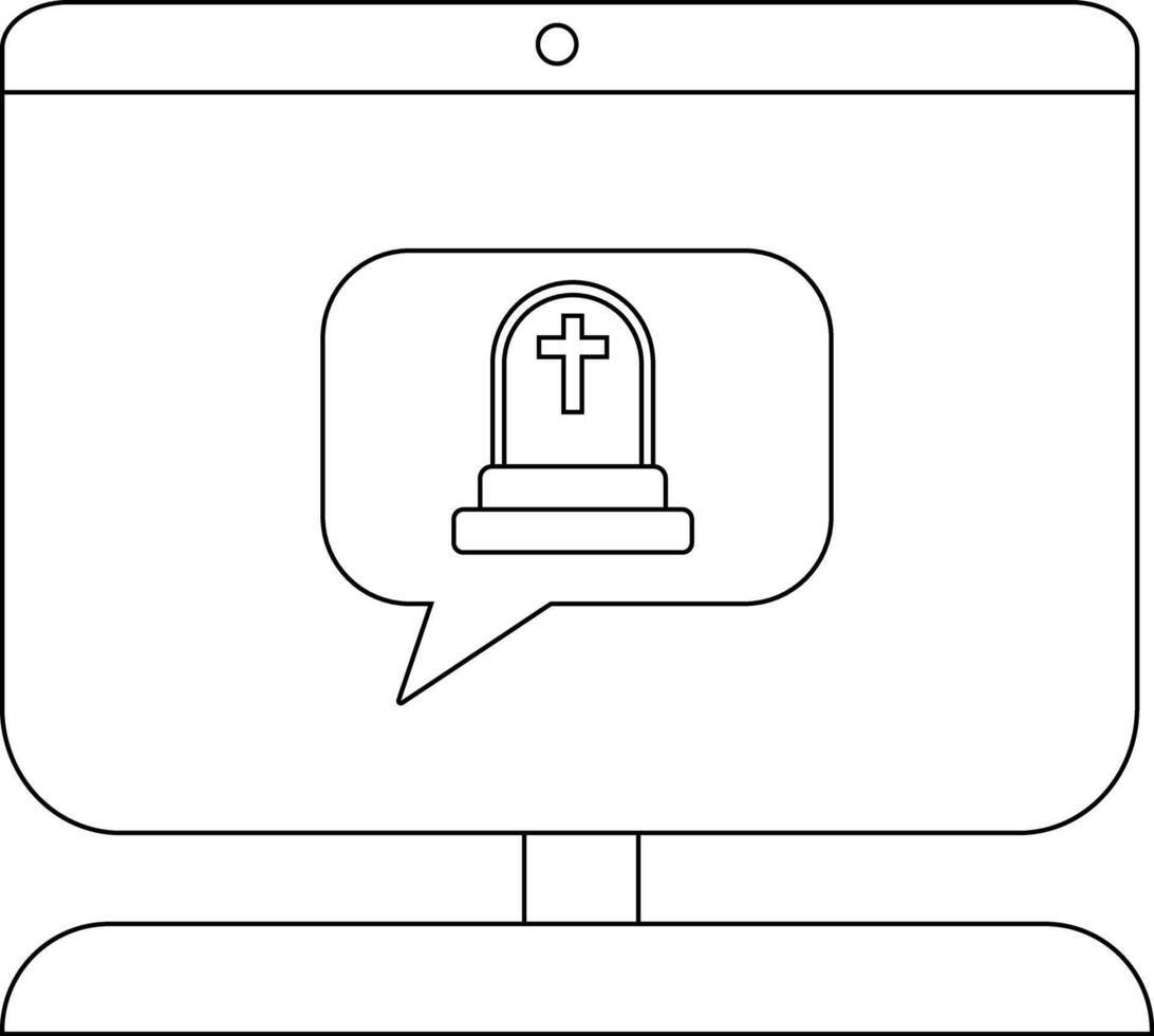 A computer monitor displays a tombstone in a speech bubble on its screen vector