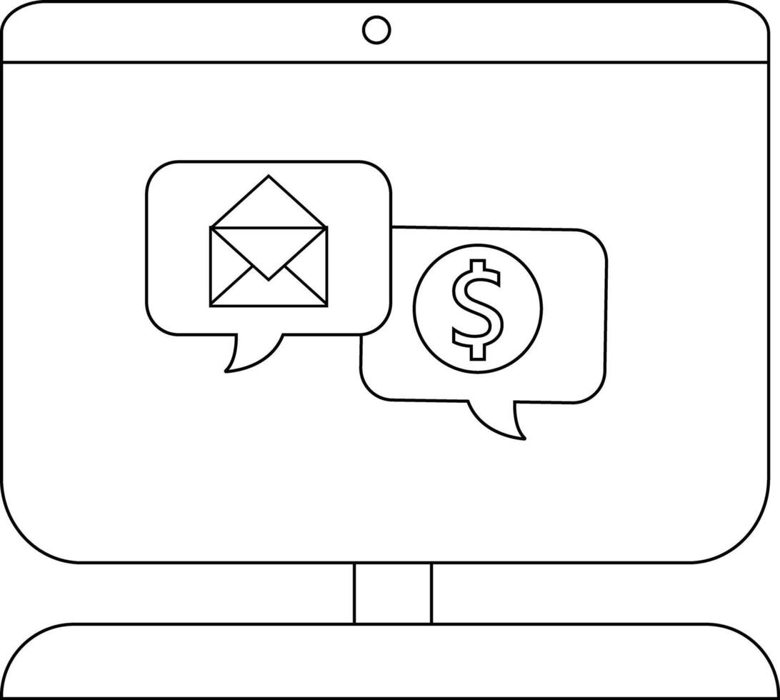 un computadora monitor mostrando charla burbujas con un correo electrónico símbolo y dólar firmar vector