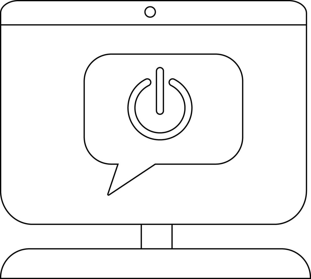 A desktop computer displays a power icon in a speech bubble on its screen vector