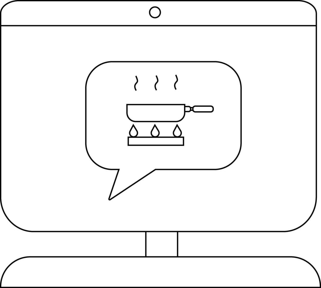 A computer screen displays a cooking scene within a speech bubble showing a pan on a stove vector