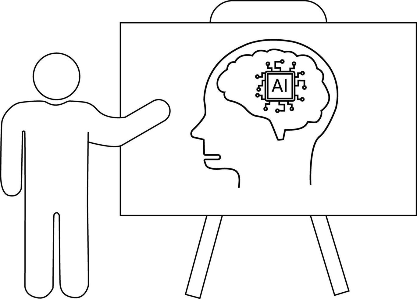 A stick figure presenting a drawing of AI in a brain on an easel vector