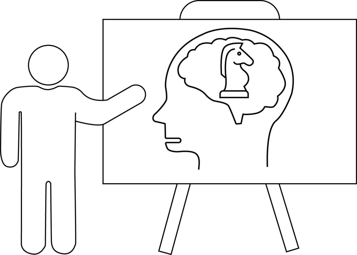 An easel displays a head profile containing a chess knight piece with a stick figure gesturing towards it vector