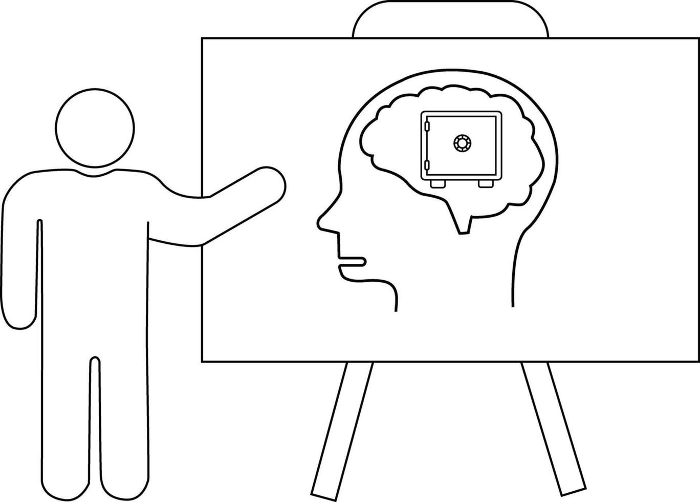 Man presents a brain with a safe inside depicted on an easel vector