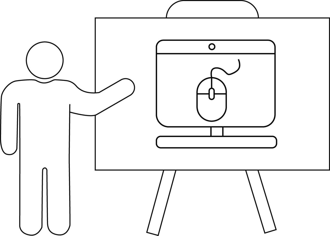 A person gestures toward a whiteboard displaying a computer with a mouse vector