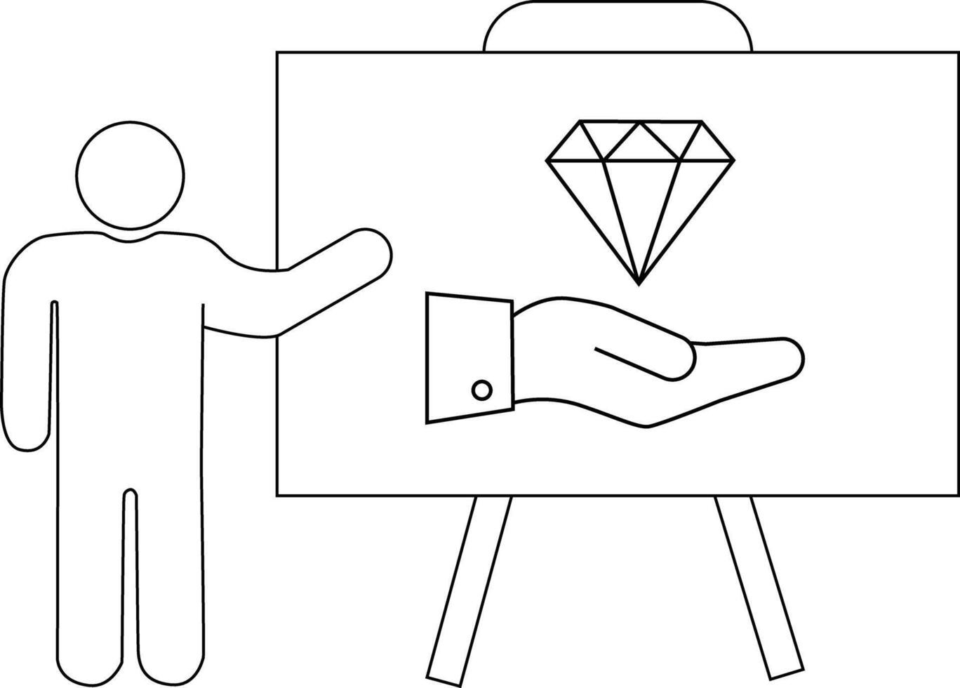Stick figure points to a whiteboard displaying a hand presenting a diamond on an easel vector