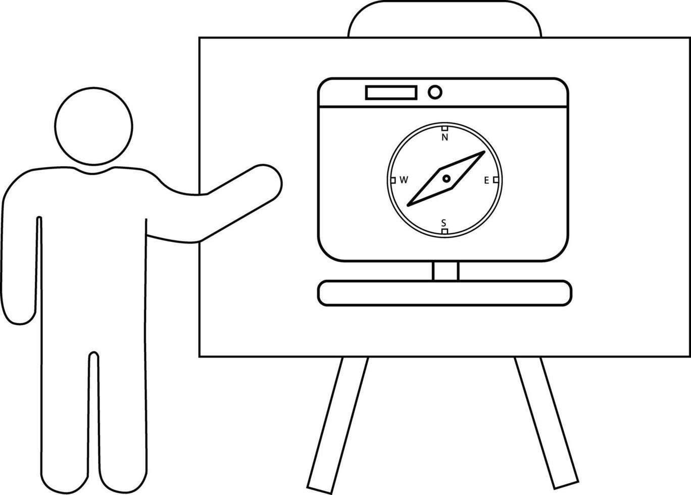 A stick figure presents a computer screen with a compass display on a whiteboard vector