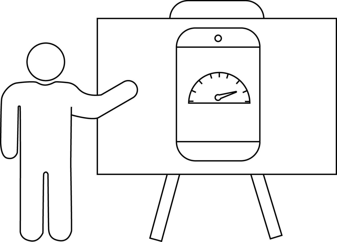 Person presenting a board with a smartphone icon showing a speedometer on it vector