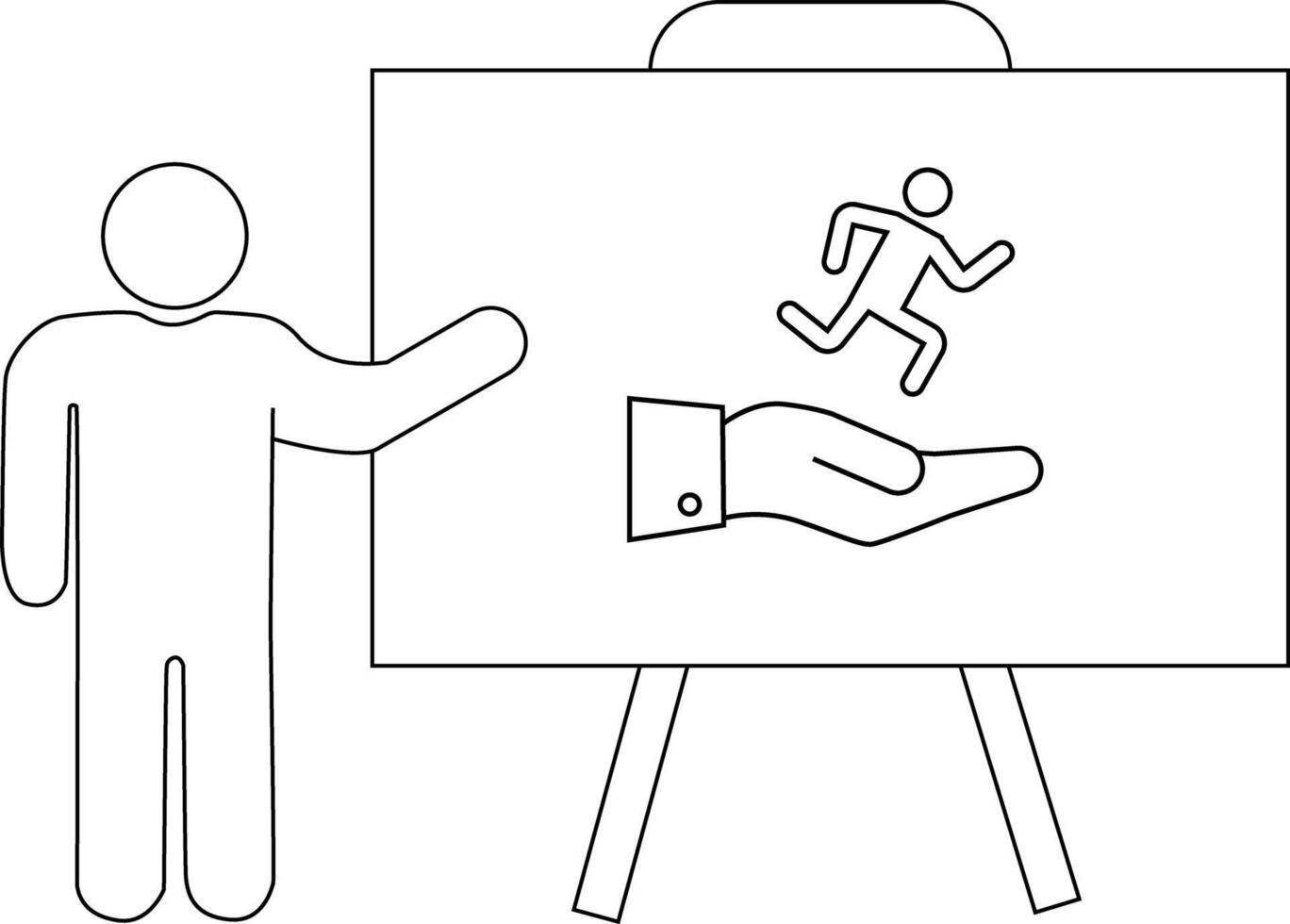 Line drawing of a person presenting a whiteboard image of a figure running into an open hand vector