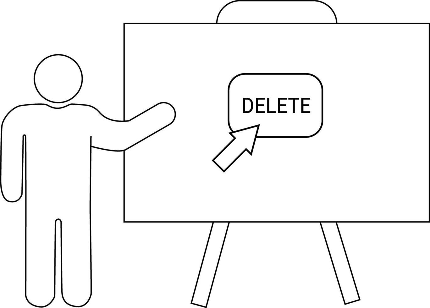 A stick figure points to a DELETE button on a presentation board vector