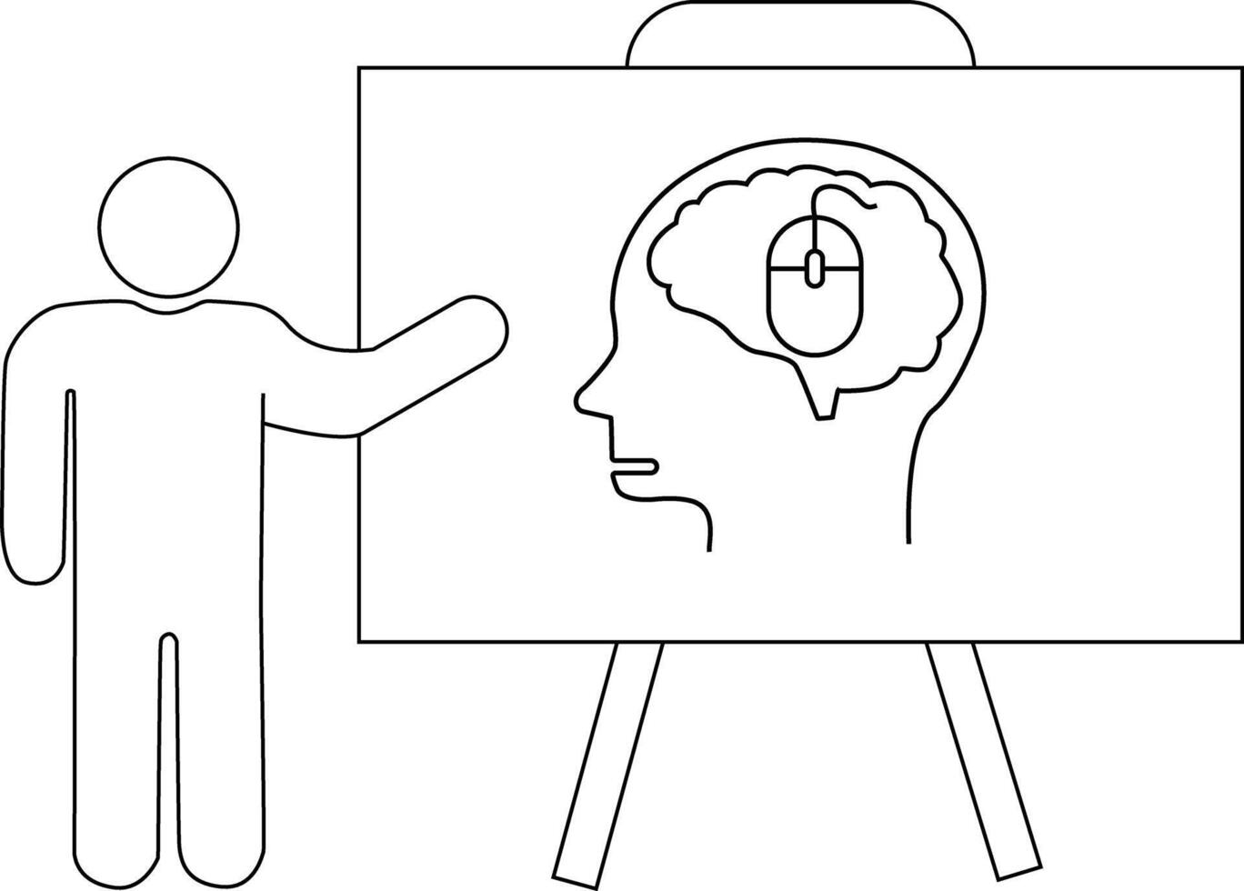 Stick figure presents a whiteboard drawing of a head with a brain containing a computer mouse vector