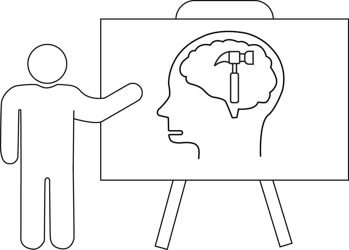 A stick figure presents an easel showing a head with a brain containing a hammer vector