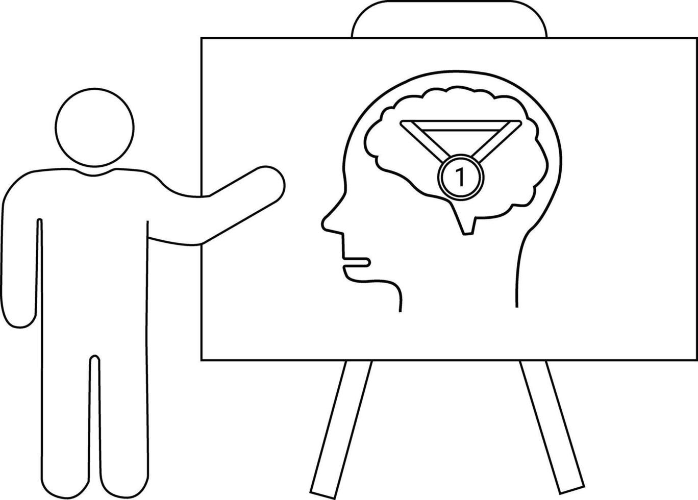 A figure points to an easel showing a brain inside a head wearing a first place medal vector