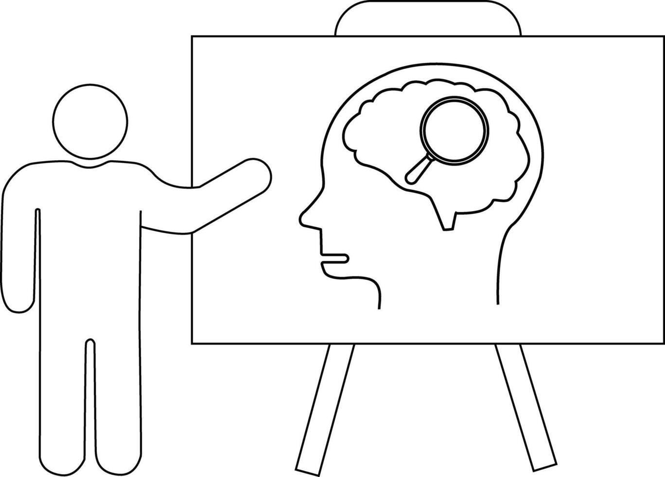 Line art depicts a figure presenting an easel with a brain inside a head being examined by a magnifying glass vector