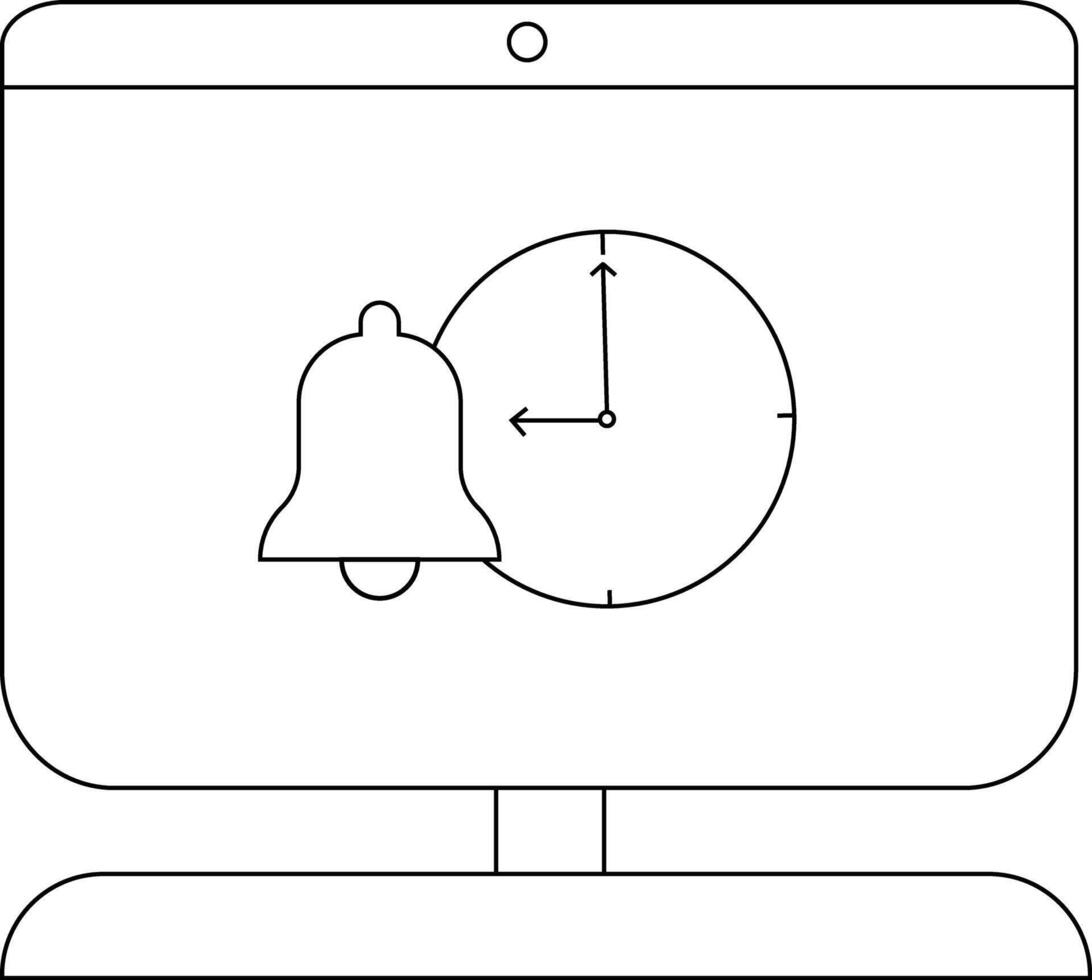 A line drawing of a computer monitor displaying a bell and clock indicating reminders or notifications vector