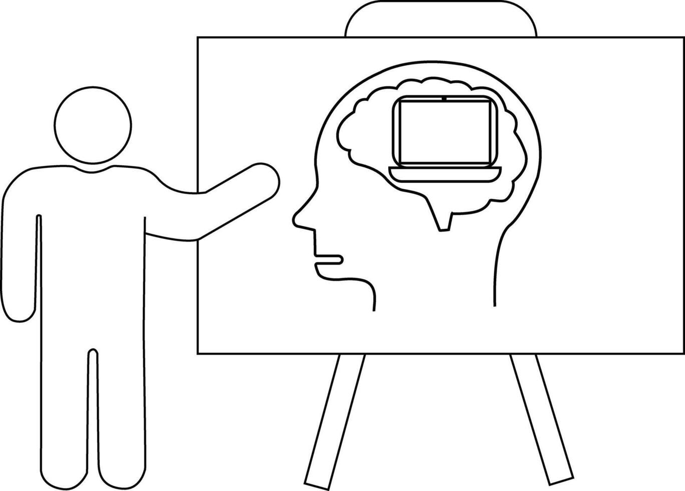 Presenter points to head with laptopbrain drawing on an easel Stick figure presents info vector