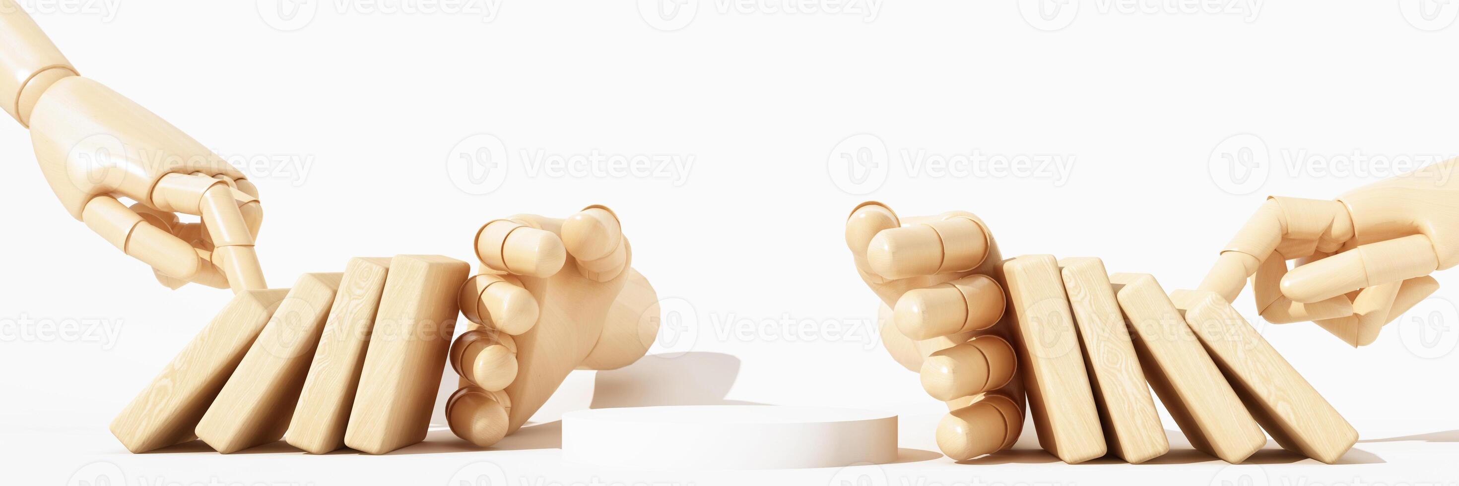 Two wooden hands stop falling domino blocks from both sides, representing protection, prevention, and stability key concepts of insurance and risk management. 3d rendering. photo