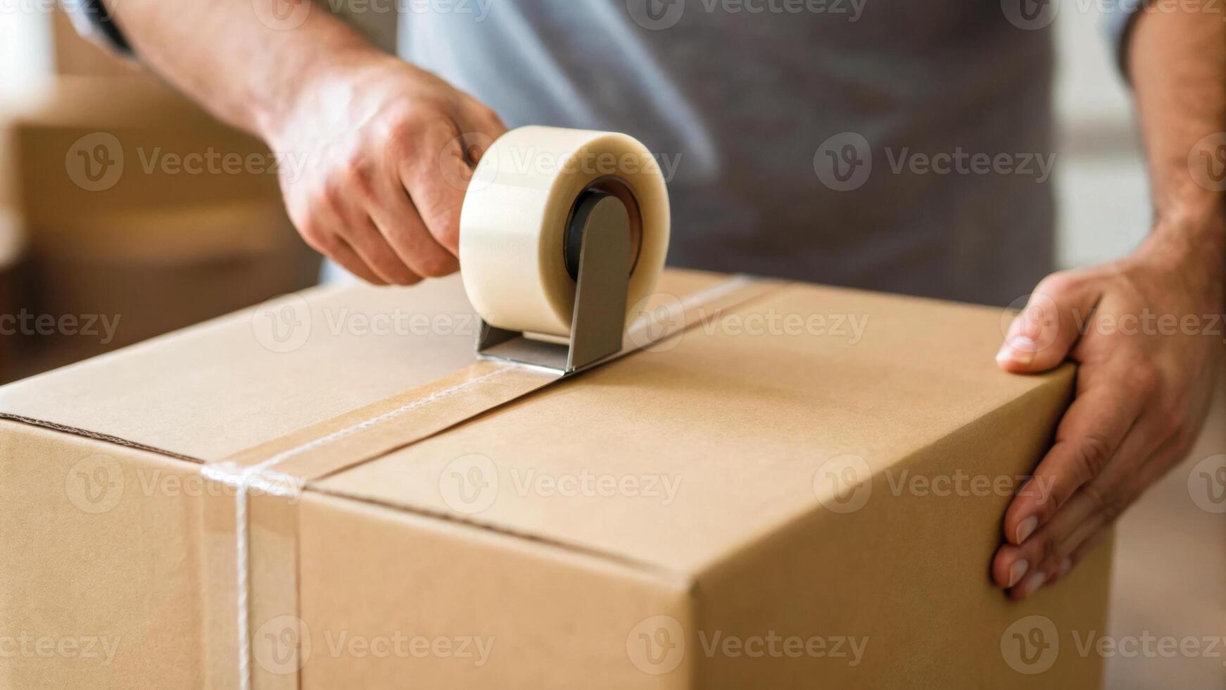 Man packing box with confidence for moving. This logistics preparation shows close attention to security of package using strong adhesive tape for shipping or storage photo