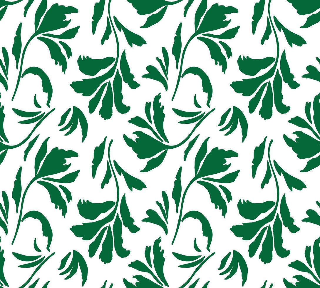 Repeating pattern of stylized green leaves on a white background, creating a fresh, botanical design. vector
