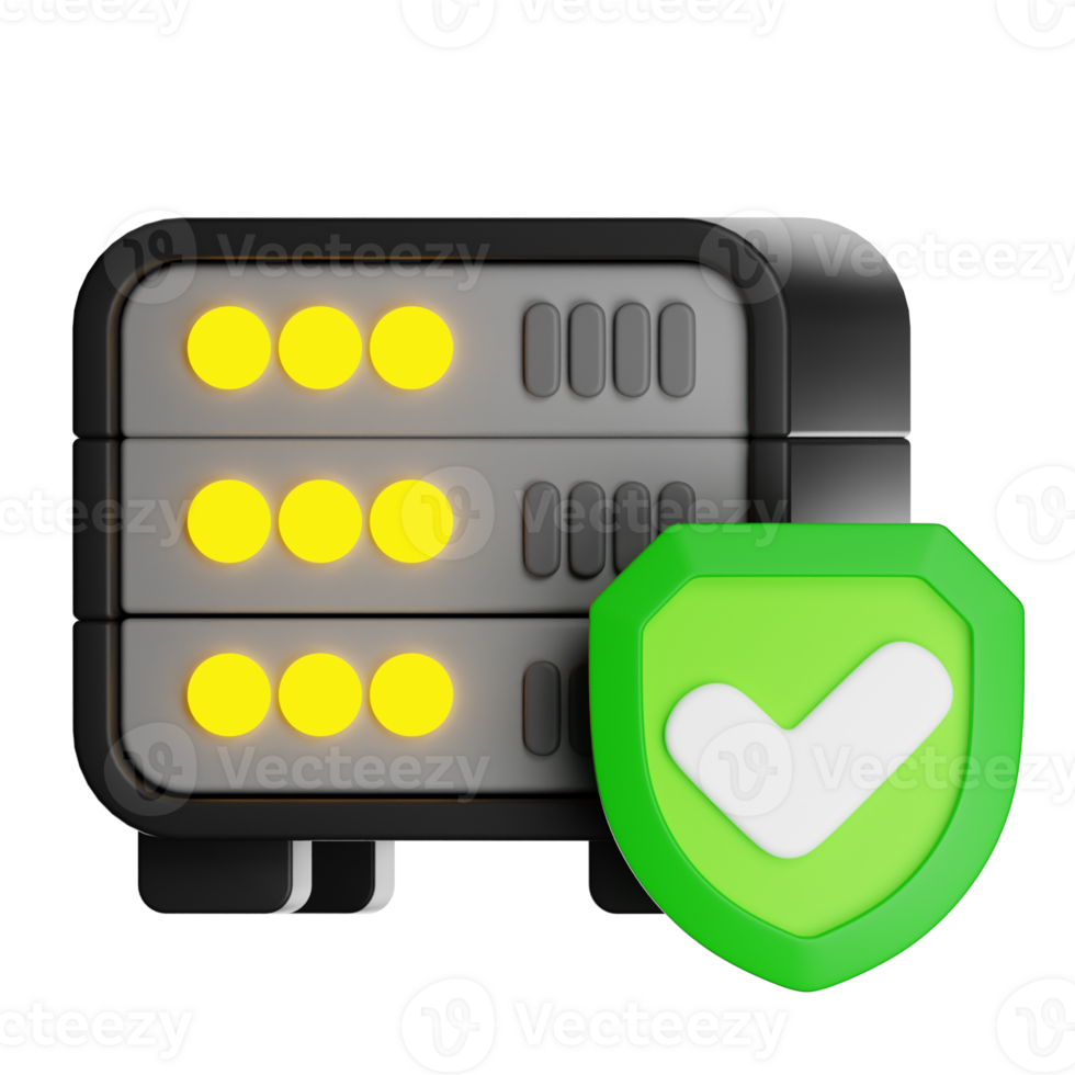 Server rack with shield protecting data with checkmark png
