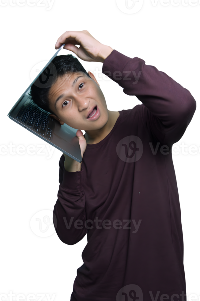 Funny young man joking with laptop on head, quirky coder having fun with technology concept png