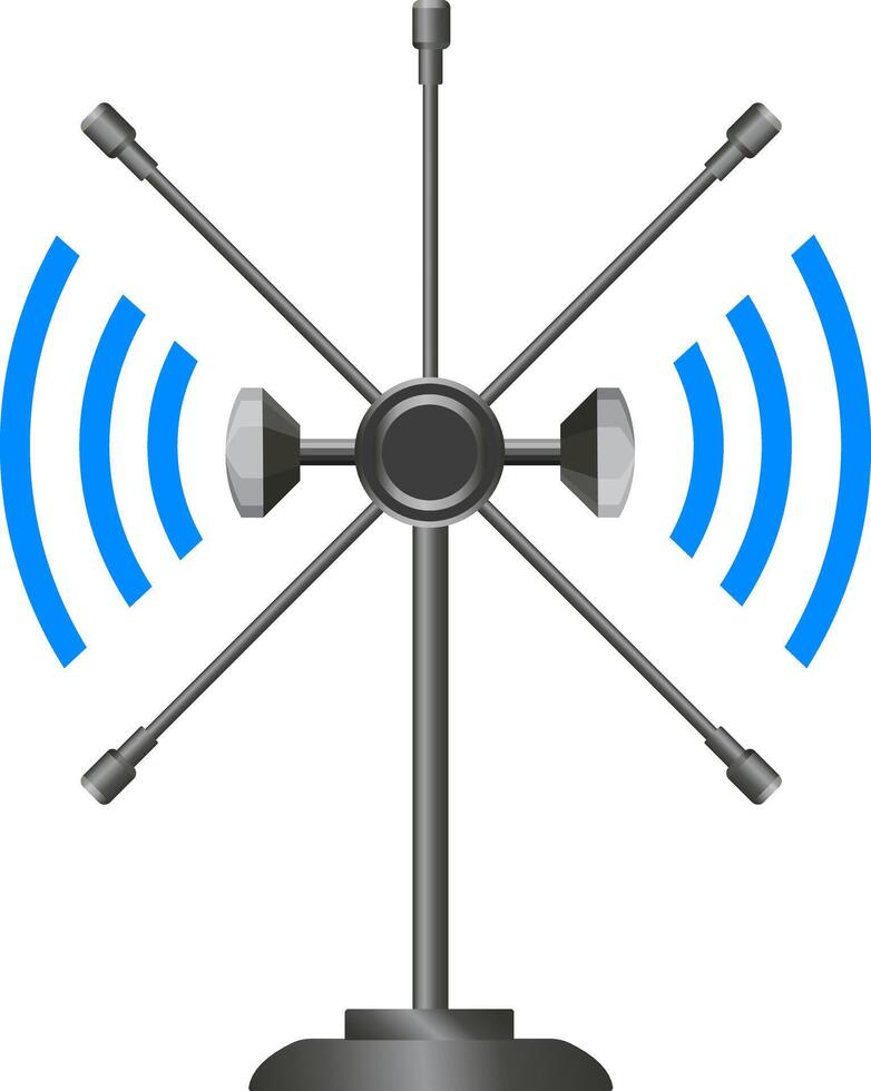 Illustration of an omni-directional antenna emitting wireless signals in all directions, representing connectivity, network coverage, RF communication, and modern wireless technology. vector
