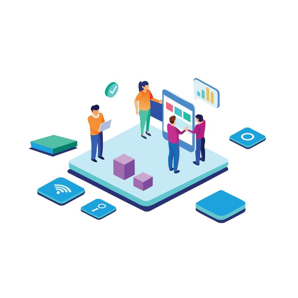 equipo colaborando en un digital proyecto utilizando moderno tecnología y datos visualización herramientas vector