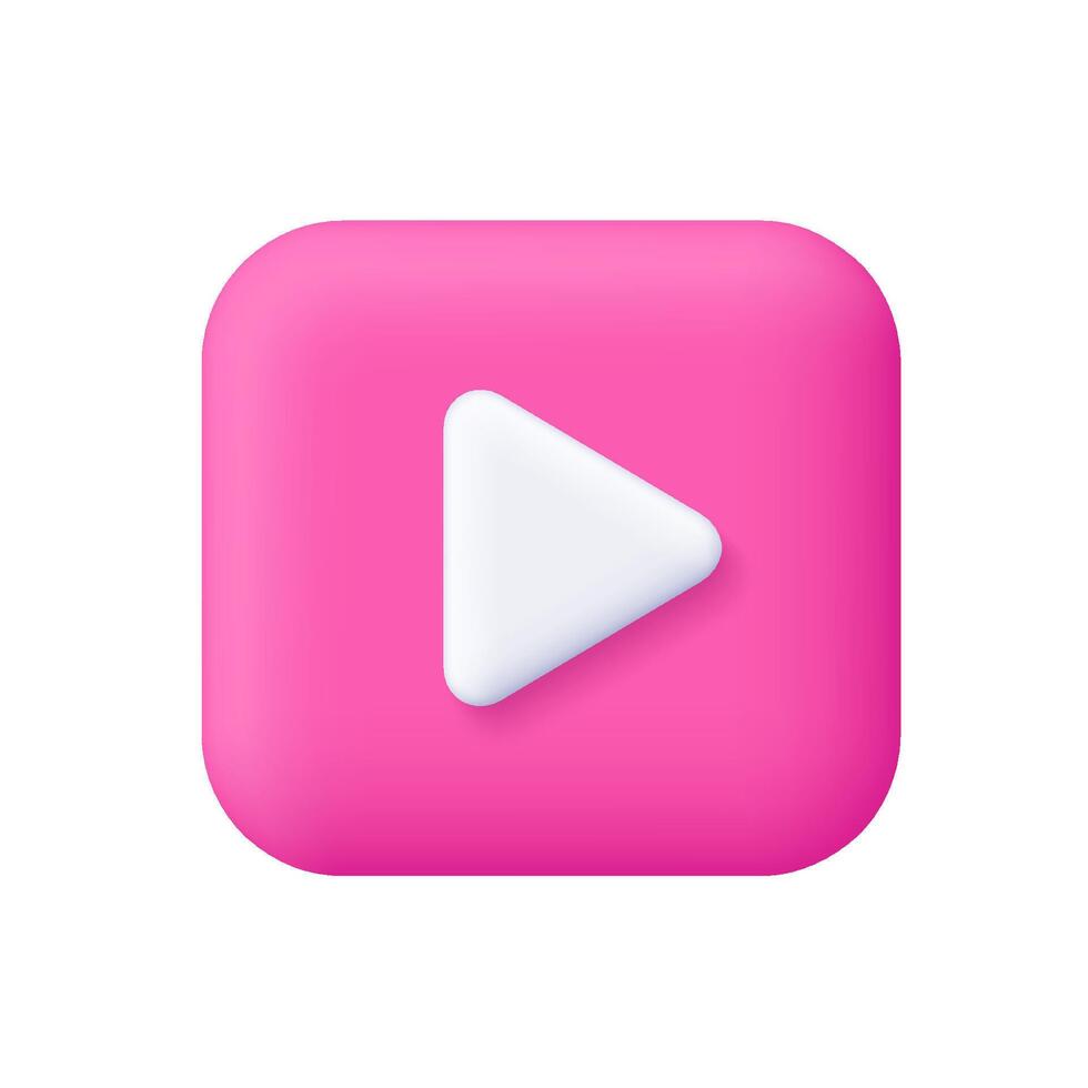 White play button on pink square button. Multimedia, content, streaming platforms, user interfaces and entertainment concept. 3d icon. Cartoon minimal style. vector