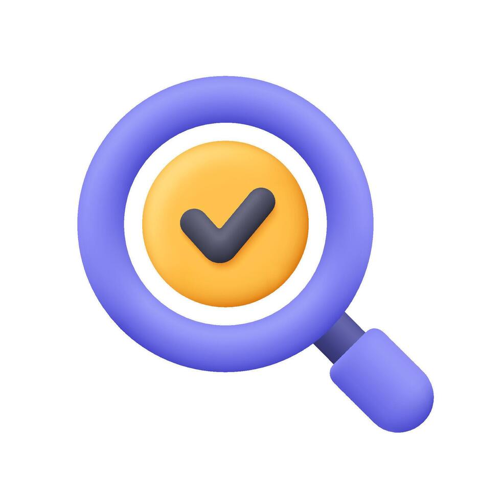 Purple magnifying glass with black check mark on yellow button inside. Successful search, verification, approval and confirmation concept. 3d icon. Cartoon minimal style. vector
