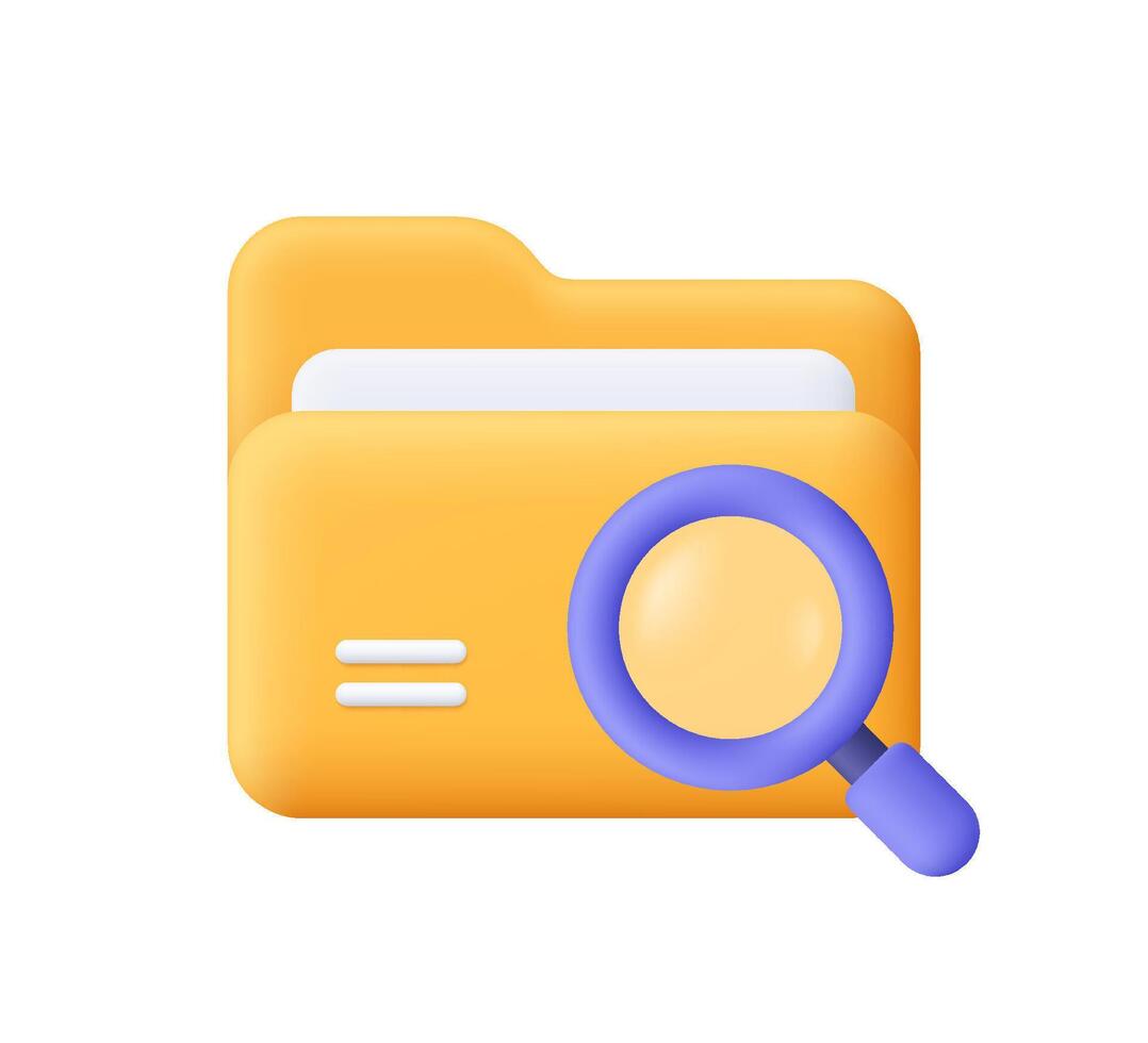 Yellow folder with purple magnifying glass. Business, file search, document management, data analysis, information storage and digital archive concept. 3d icon. Cartoon minimal style. vector