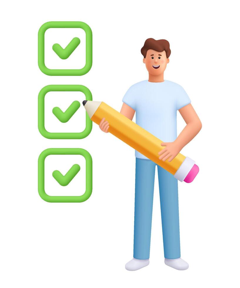 Young smiling man James doing checklist with pencil. Planning, productivity, task completion and project management concept. 3d people character. Cartoon minimal style. vector