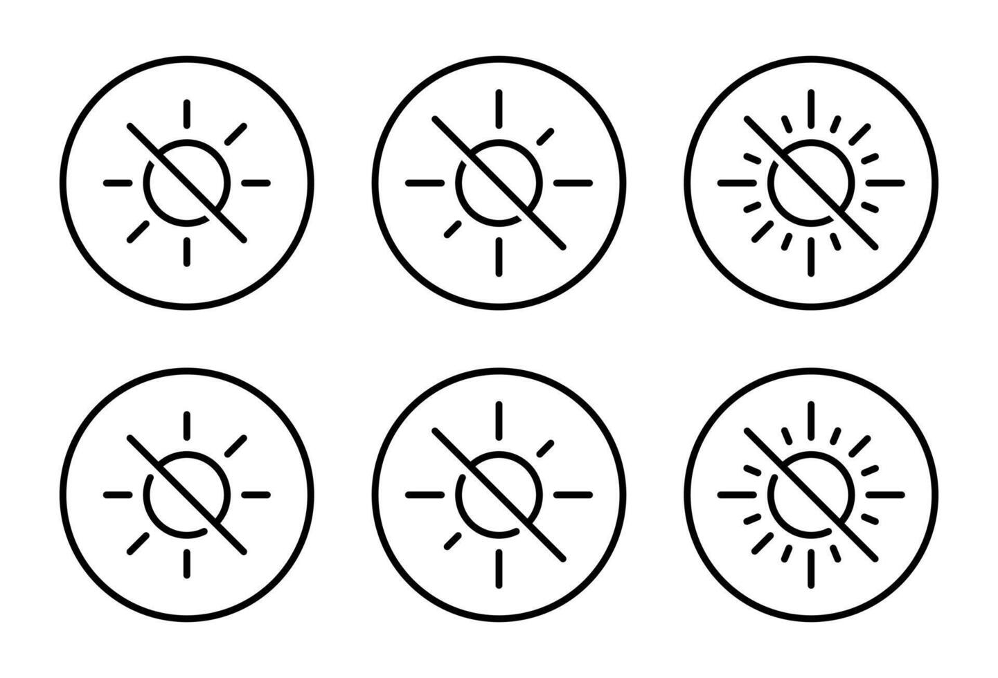 Brightness off icon set in circular outline. Sun line with slash symbol. Light disable sign vector