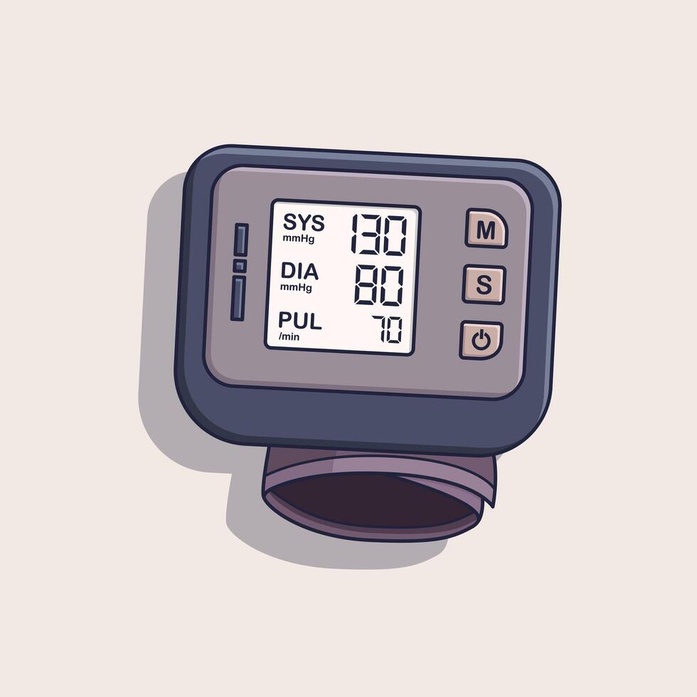 Illustration of a compact wrist sphygmomanometer with digital blood pressure display showing systolic, diastolic, and pulse readings for easy daily health monitoring vector