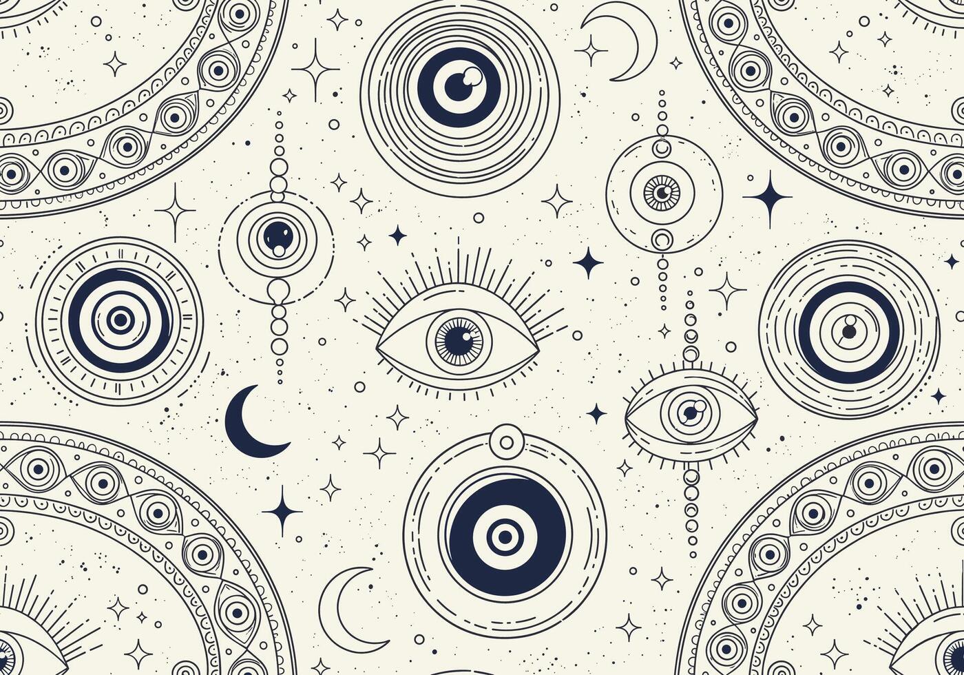 Seamless Evil Eye Pattern, Hand-Drawn Intricate Circular Talismans and Amulets with Lashes, Moons, Sparkles, and Dots in Monochrome Black on White or Navy on Cream, Mystical and Elegant Design vector