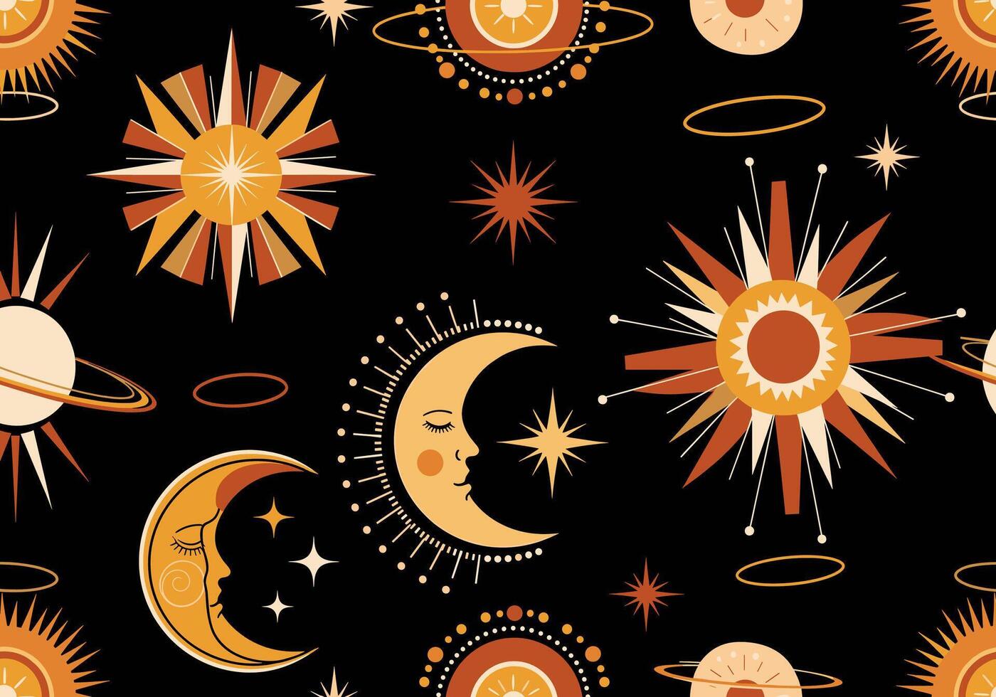 Seamless Sun and Moon Pattern, Hand-Drawn Abstract Celestial Motifs with Geometric Rays, Crescent Moons, and Starbursts in Ochre, Rust, Cream, and Muted Orange on Black Background vector