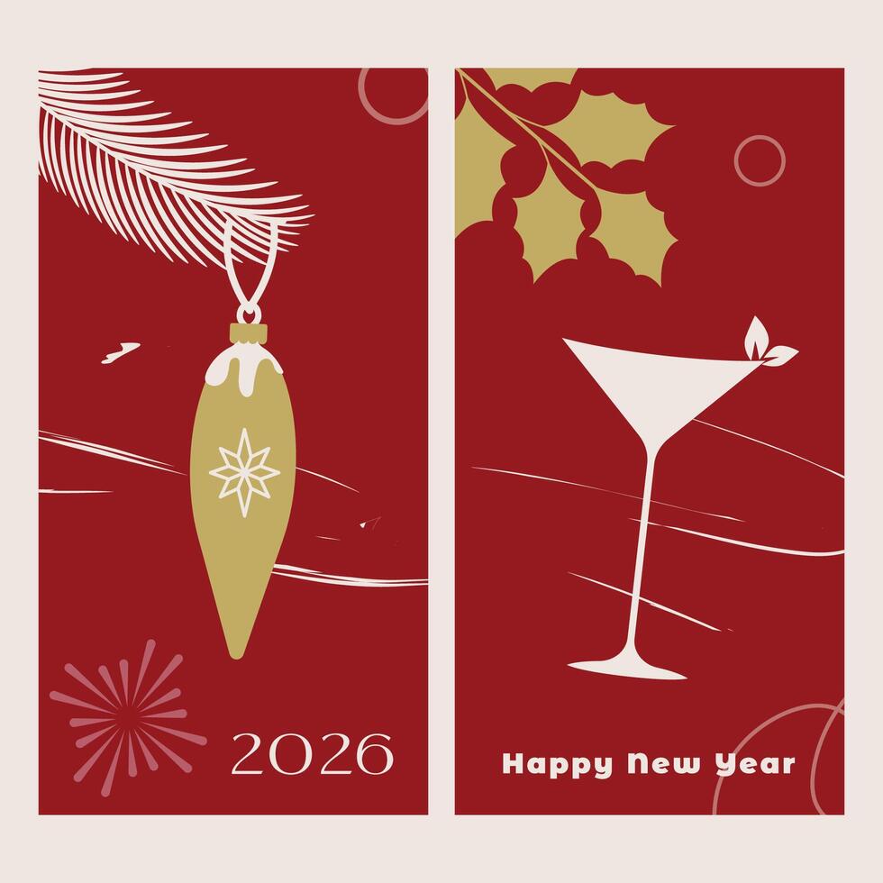 Abstract New Year and Christmas cards in red with a glass, a branch of a fir tree and a Christmas tree toy. vector