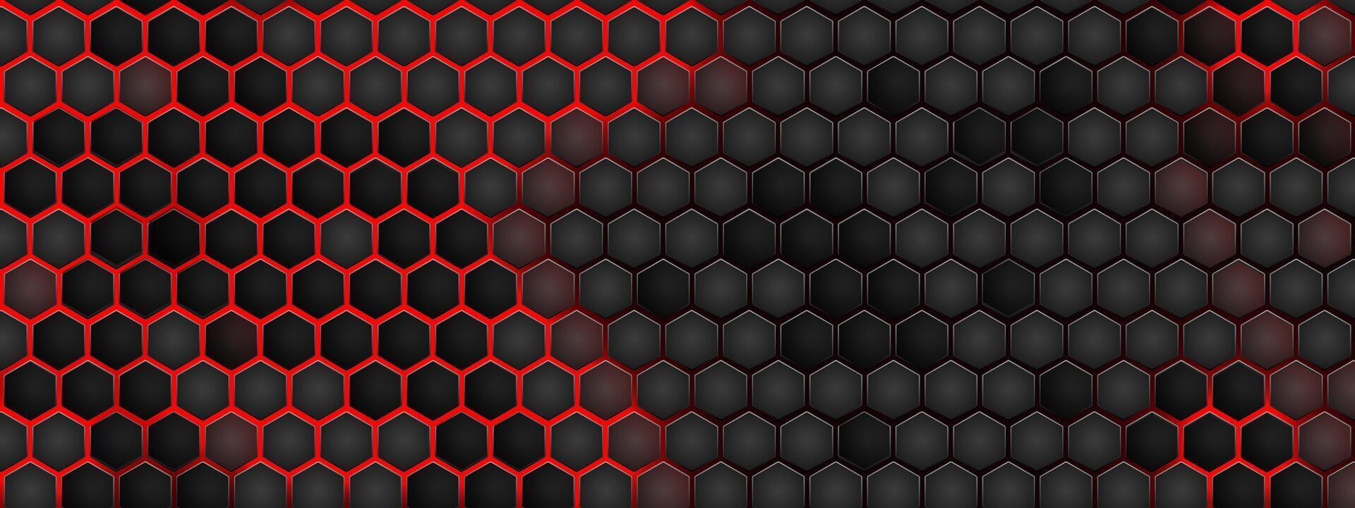 Red hexagon honeycomb on black metal backdrop with neon texture. Cyberpunk pattern features glowing mesh, steel geometric elements, futuristic grid background for digital wallpaper vector