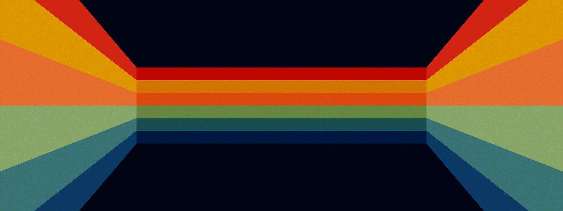 Retro perspective line background with rainbow stripes forming dimensional space on dark backdrop. Abstract geometric parallel flow pattern with vanishing point convergence. vector