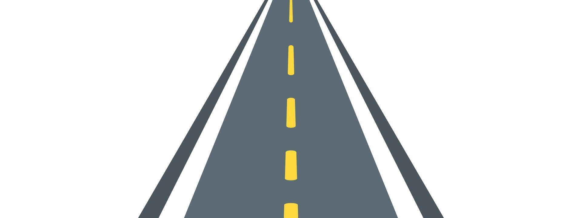 Road with perspective view showing highway stretching toward horizon on white backdrop. sphalt illustration displays yellow lane markings, creates depth effect with vanishing point. graphic vector